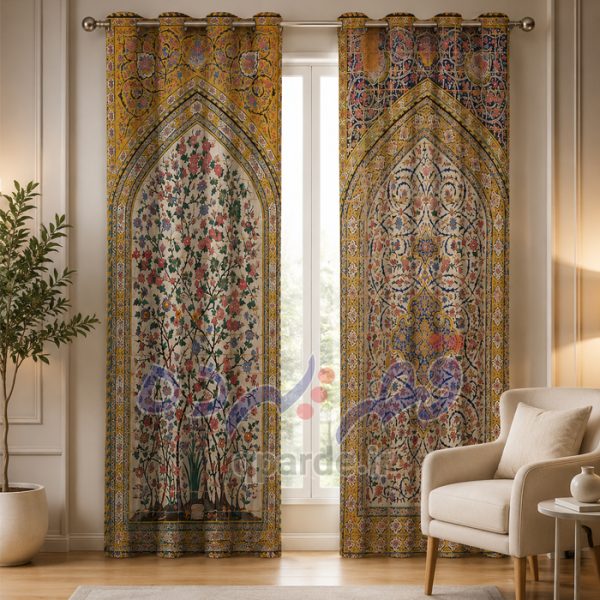 پرده پانچی چاپی طرح ترمه و گل‌وبوته کلاسیک - پذیرایی