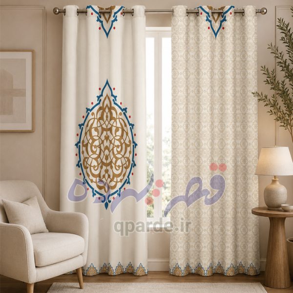 پرده پانچی چاپی طرح اسلیمی سنتی کرم با حاشیه آبی و طلایی - پذیرایی