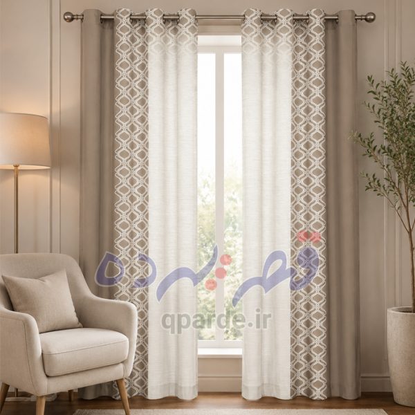 پرده پانچی چاپی طرح هندسی مدرن طوسی و سفید (ترکیبی) - پذیرایی
