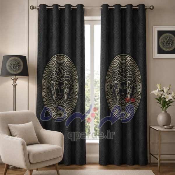 پرده اتاق خواب چاپی طرح ورساچه مشکی طلایی