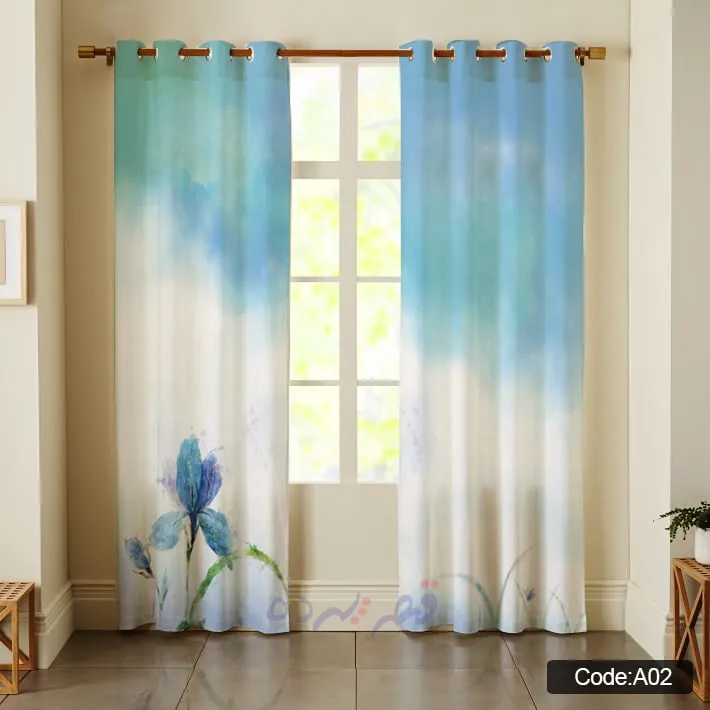 پرده پانچی چاپی طرح گل آبی آبرنگی کد A02
