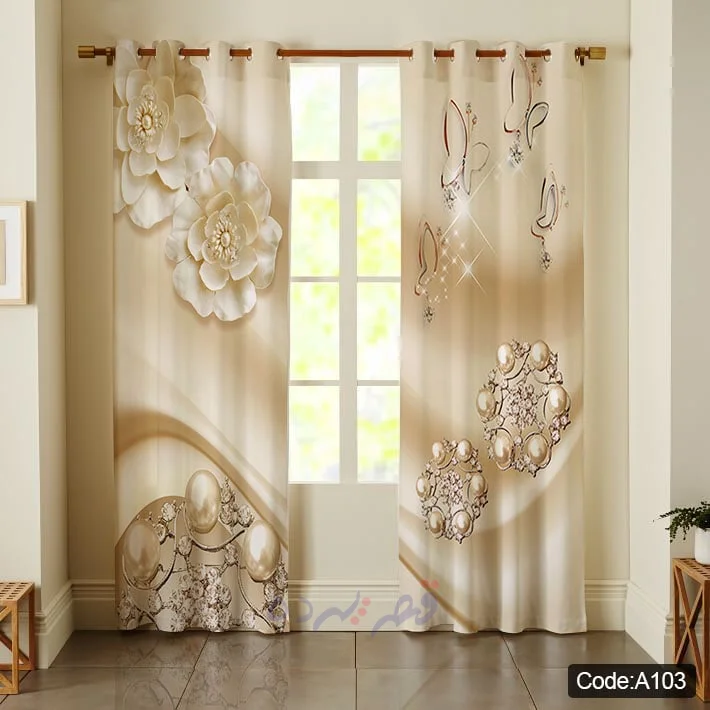 پرده پانچی چاپی طرح گل سه بعدی و مروارید کد A103