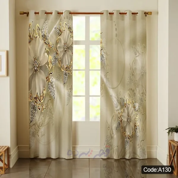 پرده پانچی چاپی طرح گل سه بعدی و جواهر کرم طلایی کد A130