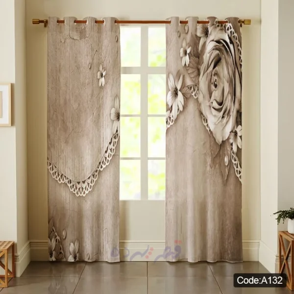 پرده پانچی چاپی طرح گل رز کلاسیک و گیپور برجسته کد A132
