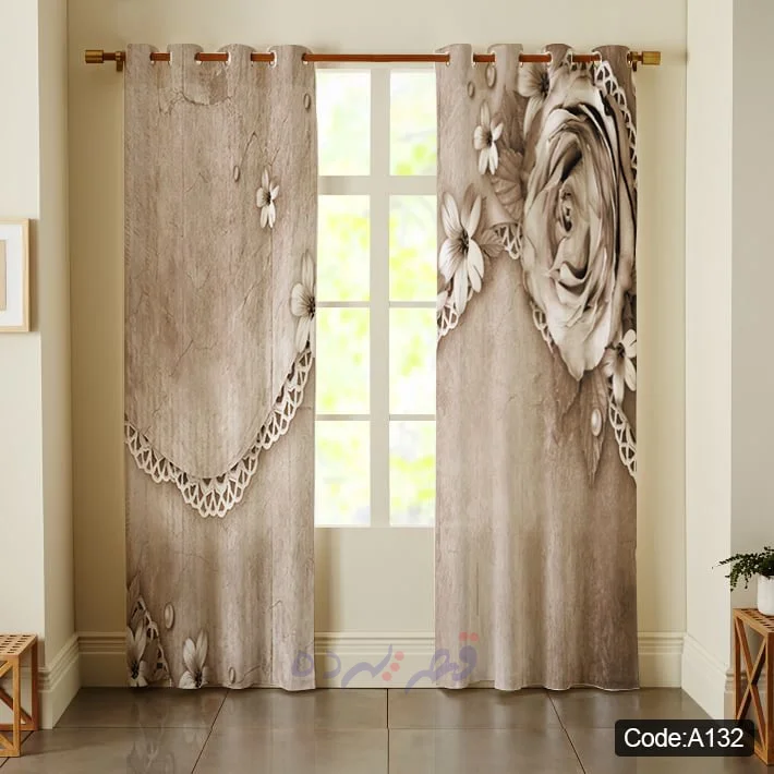 پرده پانچی چاپی طرح گل رز کلاسیک و گیپور برجسته کد A132