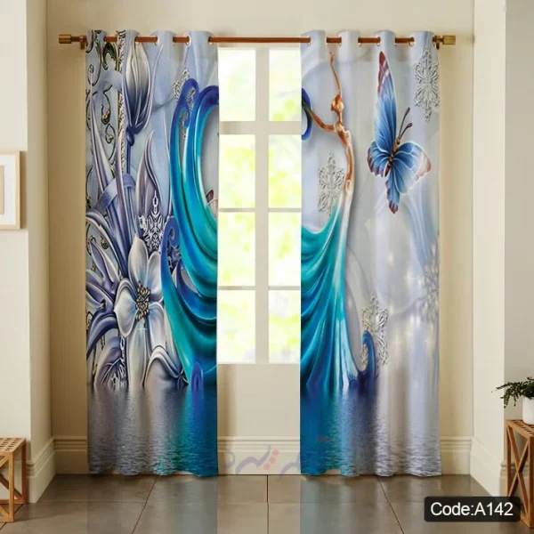 پرده پانچی چاپی طرح پروانه و گل سه بعدی آبی کد A142