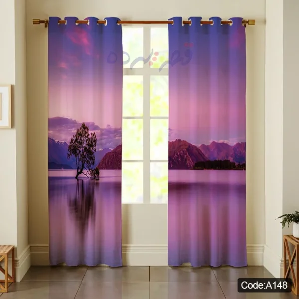 پرده پانچی چاپی طرح منظره دریاچه و غروب بنفش کد A148
