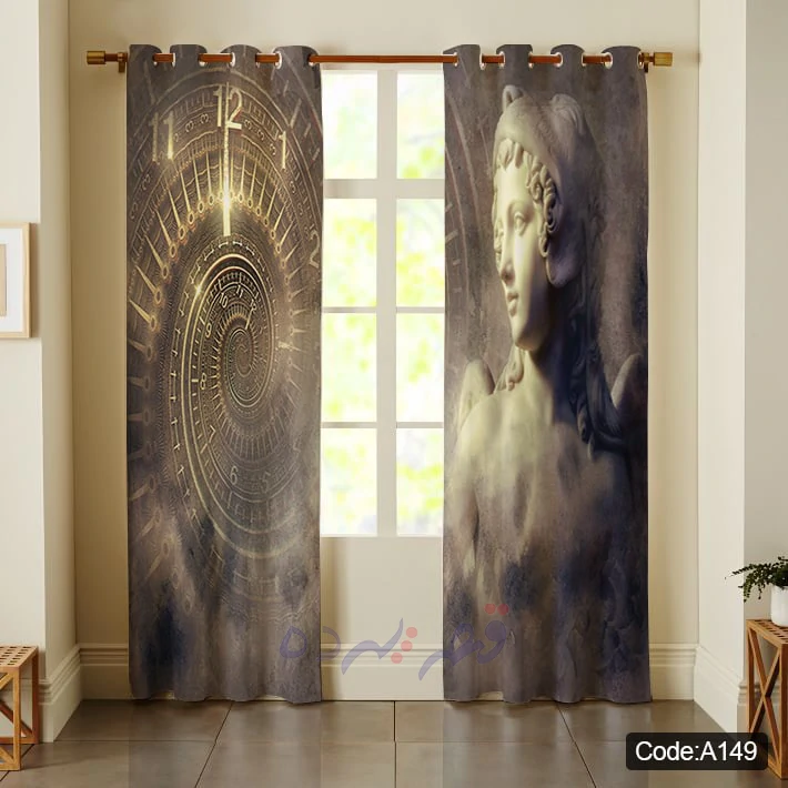 پرده پانچی چاپی طرح مجسمه کلاسیک و ساعت مارپیچ کد A149
