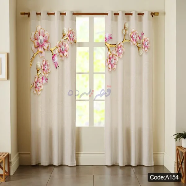 پرده پانچی چاپی طرح شکوفه صورتی و شاخه طلایی کد A154