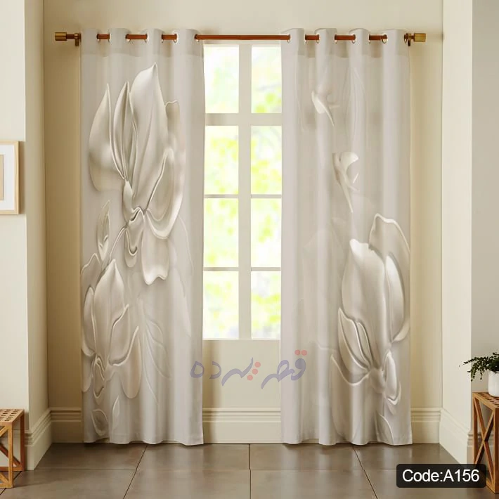 پرده پانچی چاپی طرح گل سفید سه‌بعدی کد A156