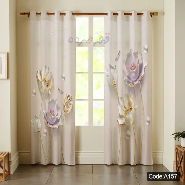 پرده پانچی چاپی طرح گل یاسی و مروارید سه‌بعدی کد A157