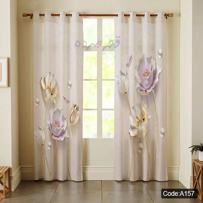 پرده پانچی چاپی طرح گل یاسی و مروارید سه‌بعدی کد A157