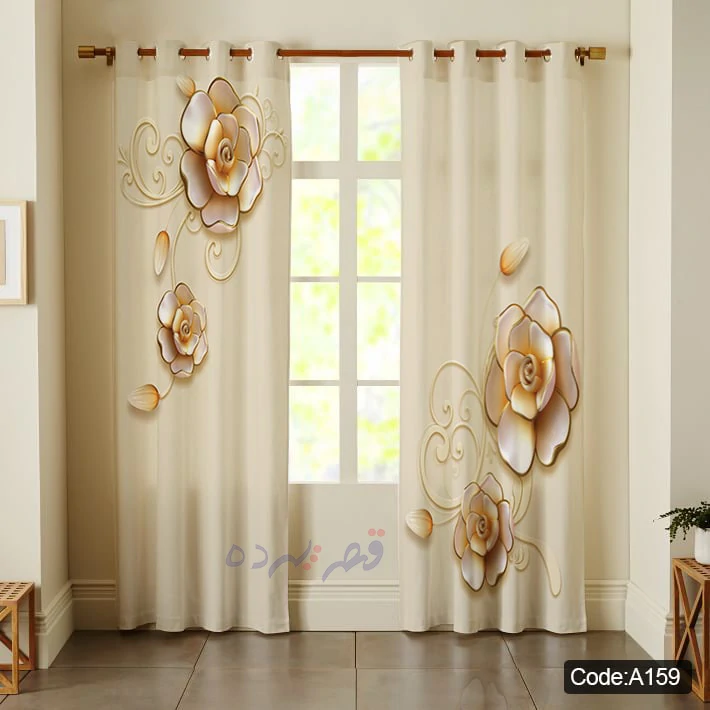 پرده پانچی چاپی طرح گل سه‌بعدی سفید و طلایی کد A159