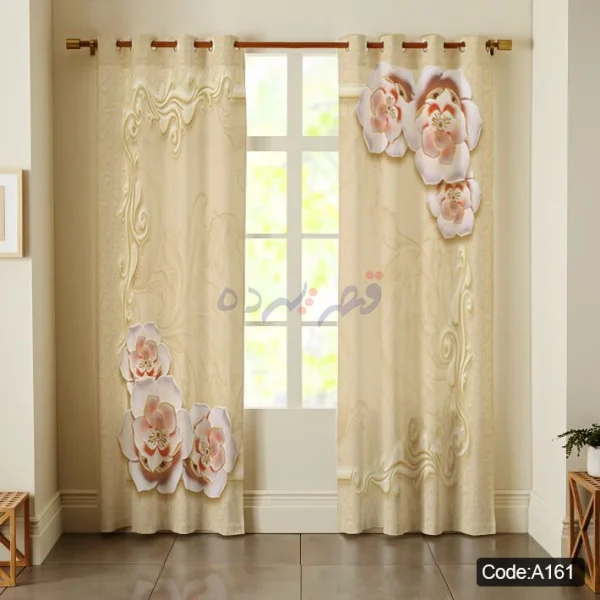 پرده پانچی چاپی طرح قاب کلاسیک و گل سه‌بعدی کد A161