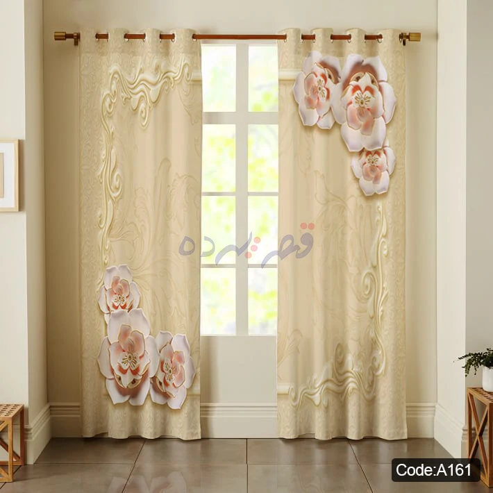پرده پانچی چاپی طرح قاب کلاسیک و گل سه‌بعدی کد A161