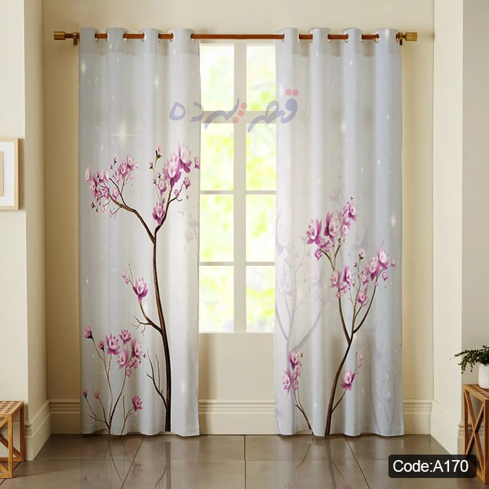 پرده پانچی چاپی طرح شکوفه ارغوانی کد A170