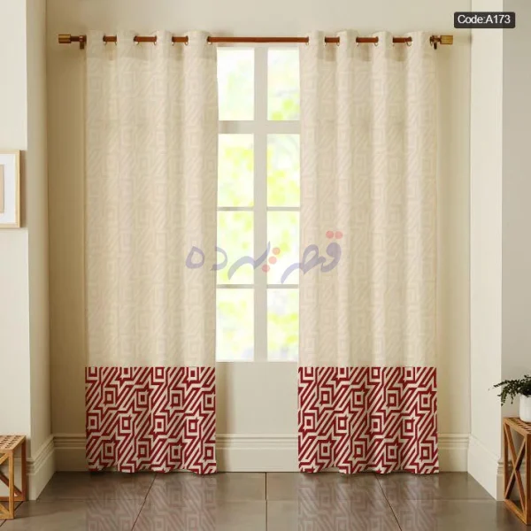 پرده پانچی چاپی طرح هندسی کرم و قرمز (کد A173) – پذیرایی و نشیمن