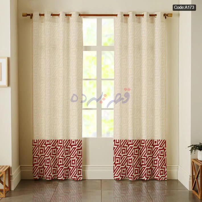 پرده پانچی چاپی طرح هندسی کرم و قرمز (کد A173) – پذیرایی و نشیمن