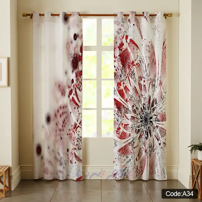 پرده پانچی چاپی طرح گل انتزاعی قرمز کد A34