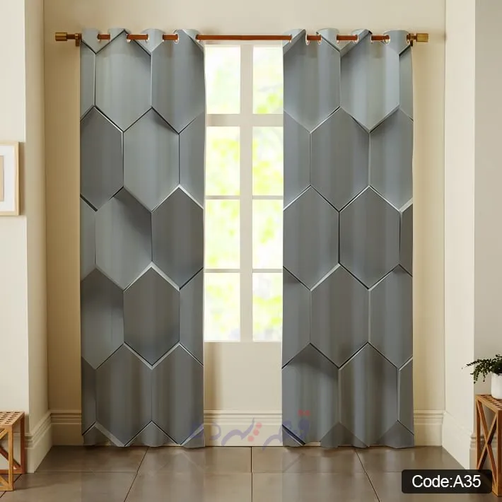 پرده پانچی چاپی طرح هندسی سه بعدی طوسی کد A35