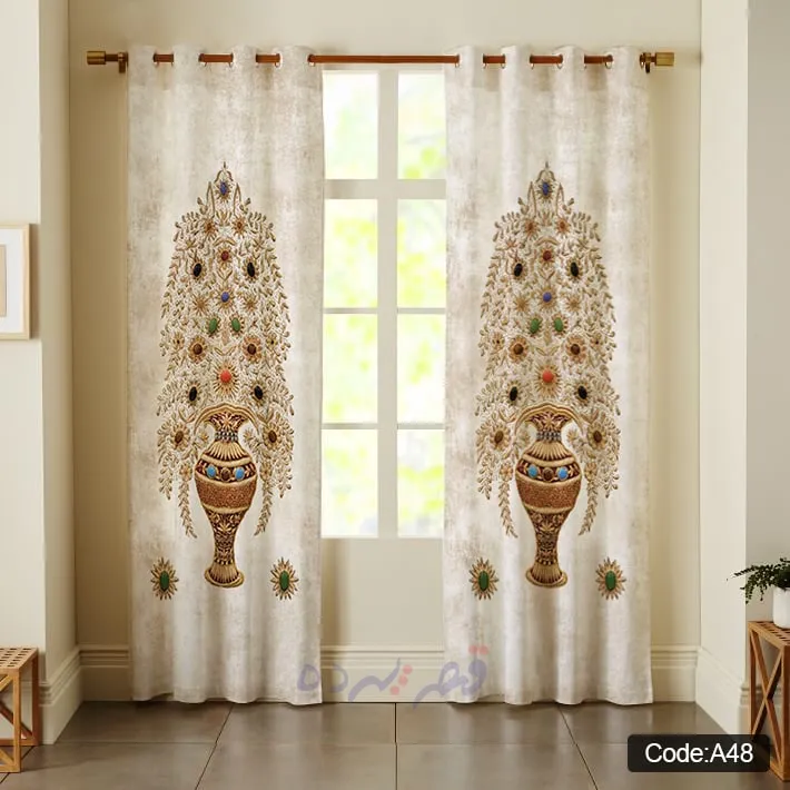 پرده پانچی چاپی طرح گلدان کلاسیک و درخت زندگی کد A48