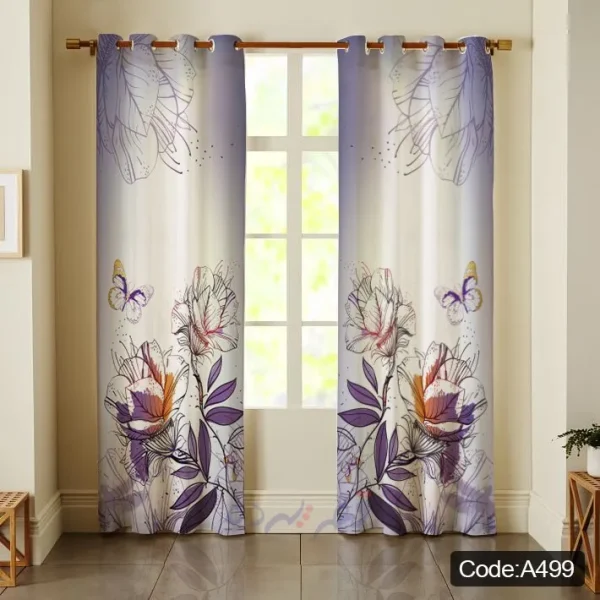 پرده پانچی چاپی طرح گل و پروانه بنفش و یاسی کد A499
