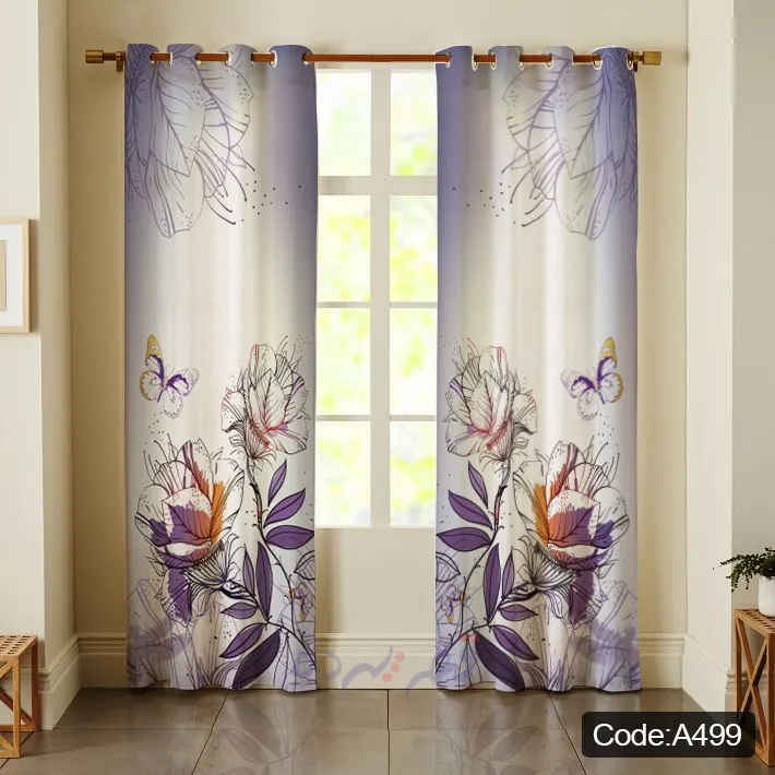 پرده پانچی چاپی طرح گل و پروانه بنفش و یاسی کد A499