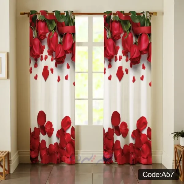 پرده پانچی چاپی طرح گل رز قرمز و گلبرگ کد A57