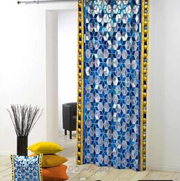 پرده پانچی چاپی طرح کاشی کاری سه بعدی آبی و طلایی کد A59