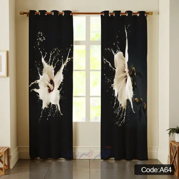 پرده پانچی چاپی طرح گل سفید و زمینه مشکی کد A64
