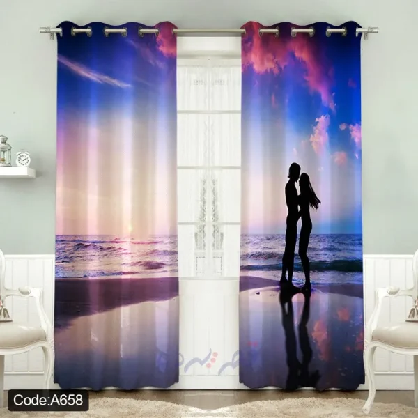 پرده پانچی چاپی طرح غروب ساحل و زوج عاشق کد A658