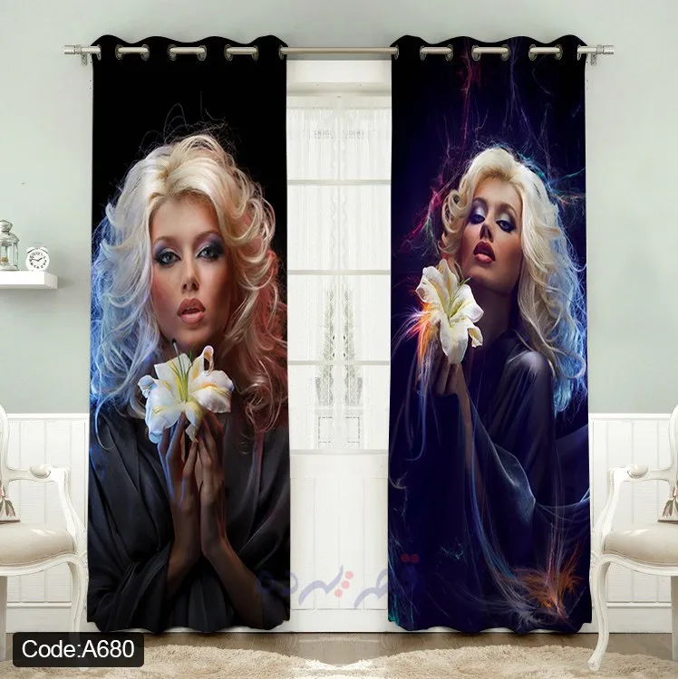 پرده پانچی چاپی طرح چهره زن و گل سفید کد A680