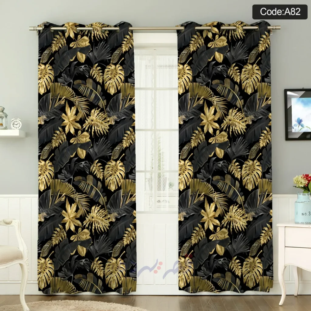 پرده پانچی چاپی طرح برگ استوایی طلایی و مشکی کد A82
