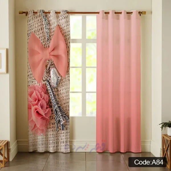 پرده پانچی چاپی طرح پاپیون صورتی و برج ایفل کد A84