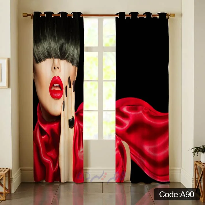 پرده پانچی چاپی طرح پرتره فشن و پارچه قرمز کد A90