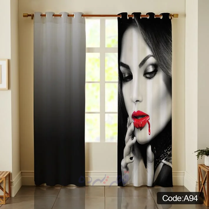 پرده پانچی چاپی طرح چهره زن با رژ لب قرمز کد A94