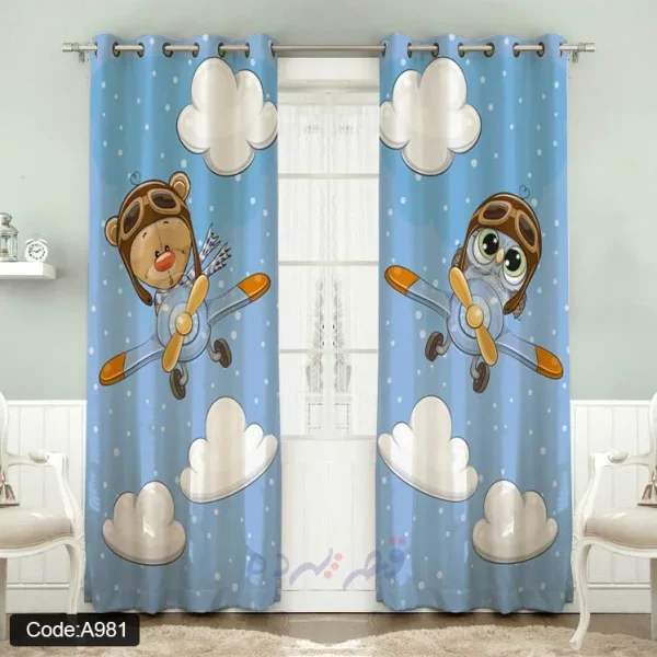 پرده اتاق کودک چاپی طرح خرس و جغد خلبان کد A981
