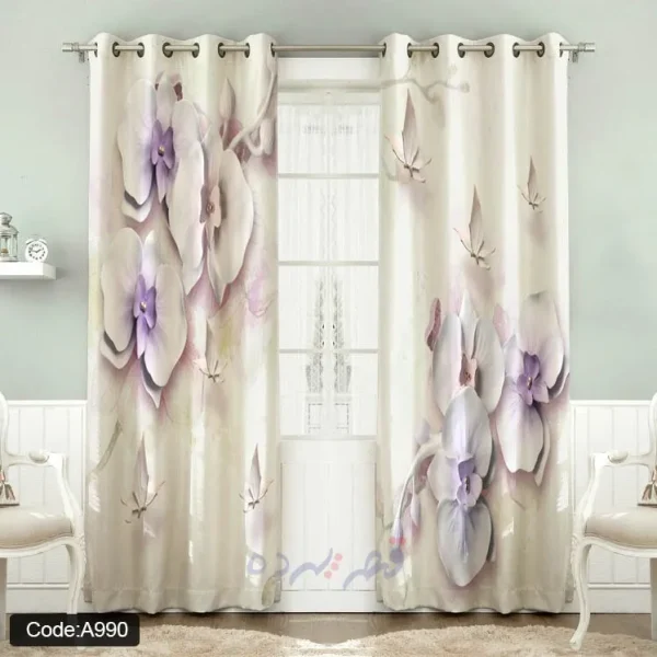 پرده پانچی چاپی طرح گل ارکیده بنفش و پروانه کد A990