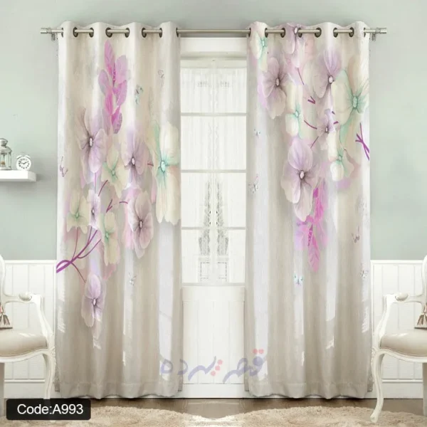 پرده پانچی چاپی طرح گل‌های یاسی و صورتی کد A993