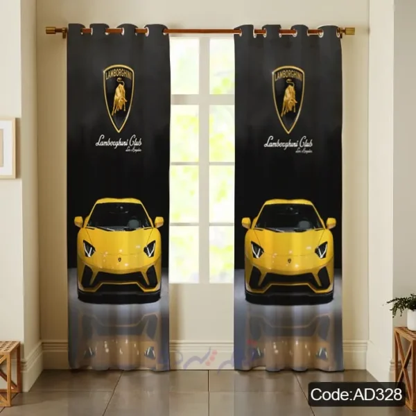 پرده پانچی چاپی طرح ماشین لامبورگینی زرد و مشکی کد AD328