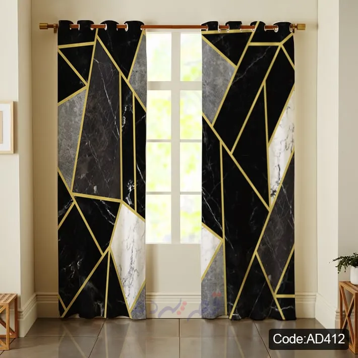 پرده پانچی چاپی طرح هندسی سنگ مرمر مشکی کد AD412