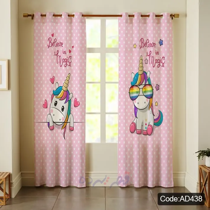 پرده اتاق کودک چاپی طرح تک شاخ و ستاره صورتی کد AD438