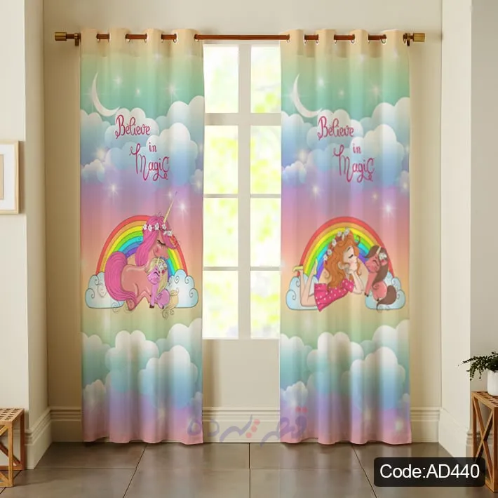 پرده اتاق کودک چاپی طرح اسب تک شاخ و رنگین کمان کد AD440