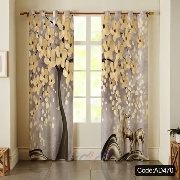 پرده پانچی چاپی طرح شکوفه و گوزن سه بعدی کد AD470