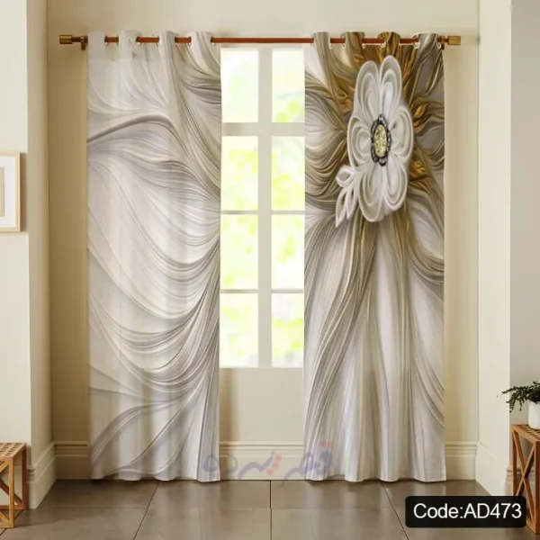 پرده پانچی چاپی طرح گل سه بعدی و موج طلایی کد AD473