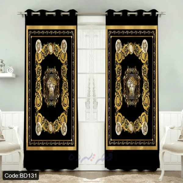 پرده پانچی چاپی طرح ورساچه طلایی و مشکی کد BD131