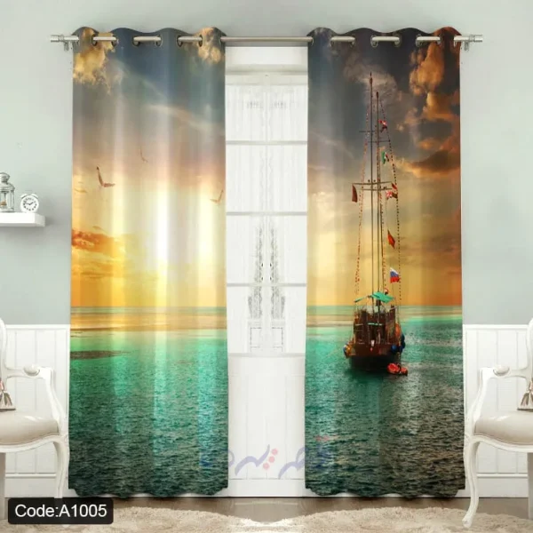 پرده پانچی چاپی طرح منظره دریا و کشتی در غروب آفتاب کد A1005
