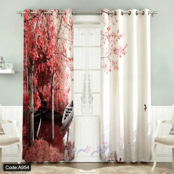 پرده پانچی چاپی طرح منظره پاییزی و قایق کد A954