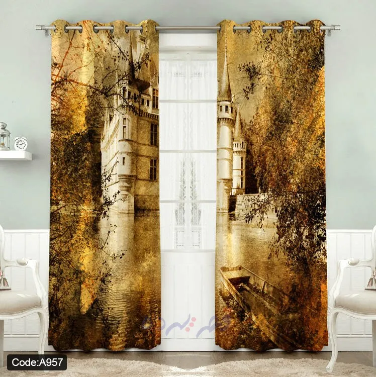 پرده پانچی چاپی طرح قلعه کلاسیک و منظره پاییزی کد A957