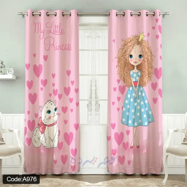 پرده اتاق کودک چاپی طرح پرنسس و گربه ملوس کد A976